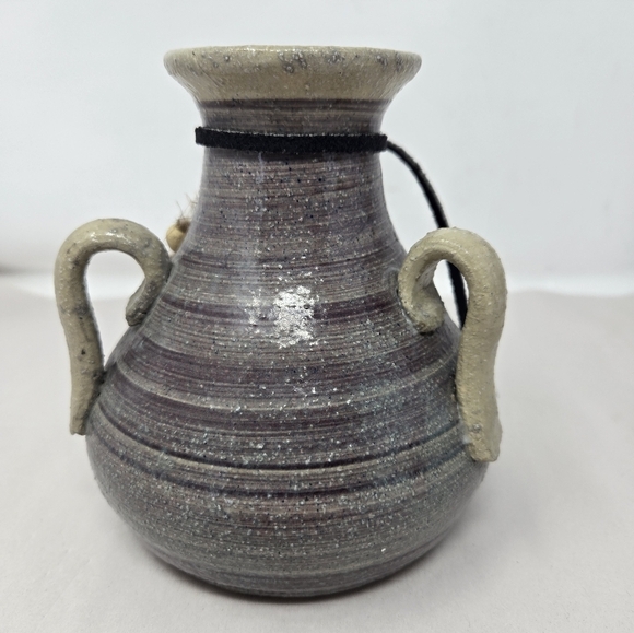 Studio Art Handmade Small Medium Vase Purple Gray Tan Feather Leather Tie - Picture 3 of 12